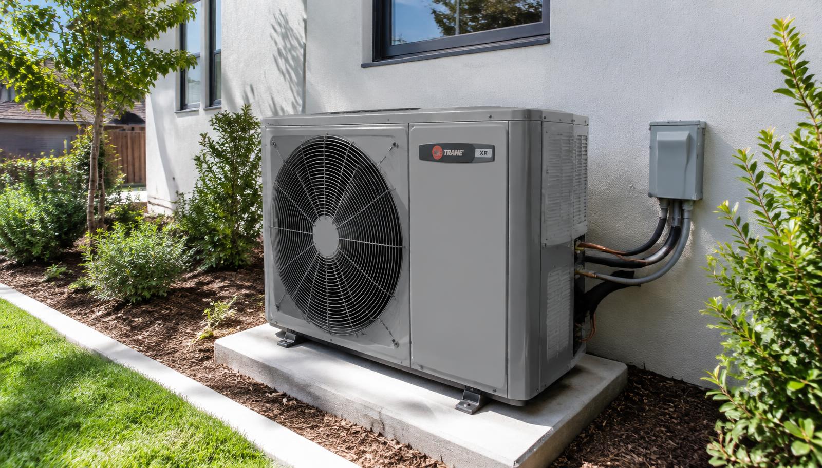 Modern outdoor heat pump condenser installed on a concrete pad beside a Waterford, CA home