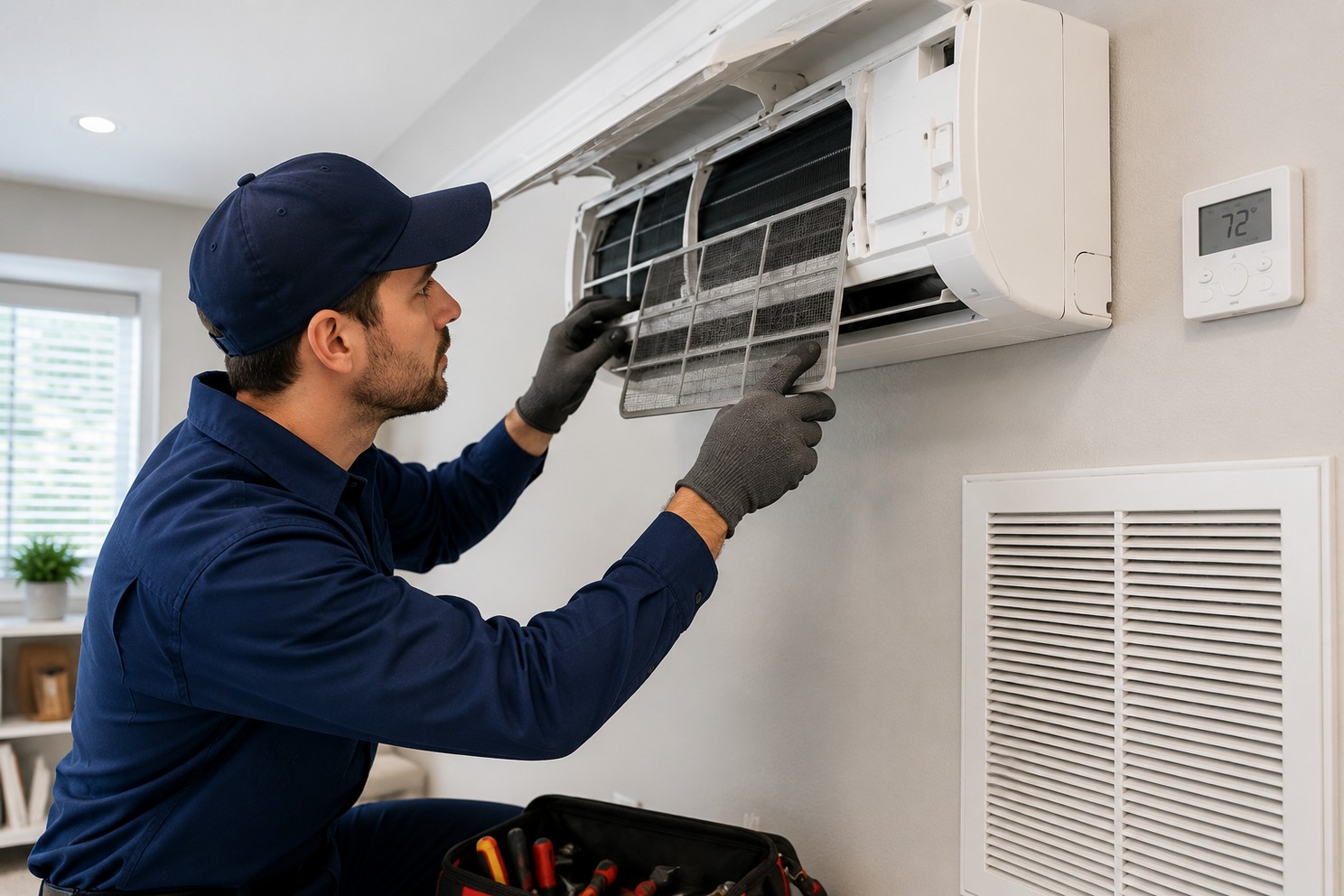 Technician performing heat pump service in California and checking indoor airflow.