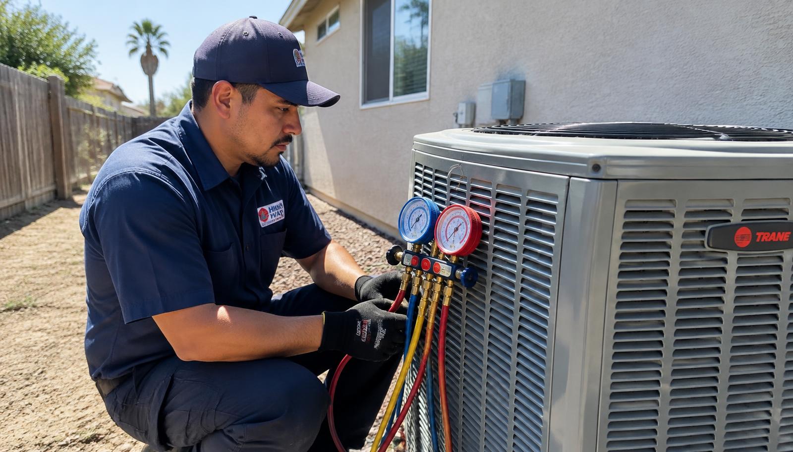 HVAC technician checking refrigerant gauges during AC maintenance at a Merced rental home