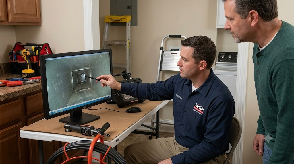 Technician reviewing a camera inspection of a home's ductwork on a monitor