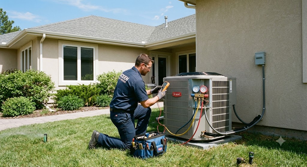 Technician testing an outdoor unit at a single-story home in Delhi