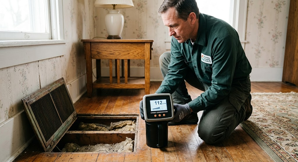 Technician measuring airflow at a floor register in an older home