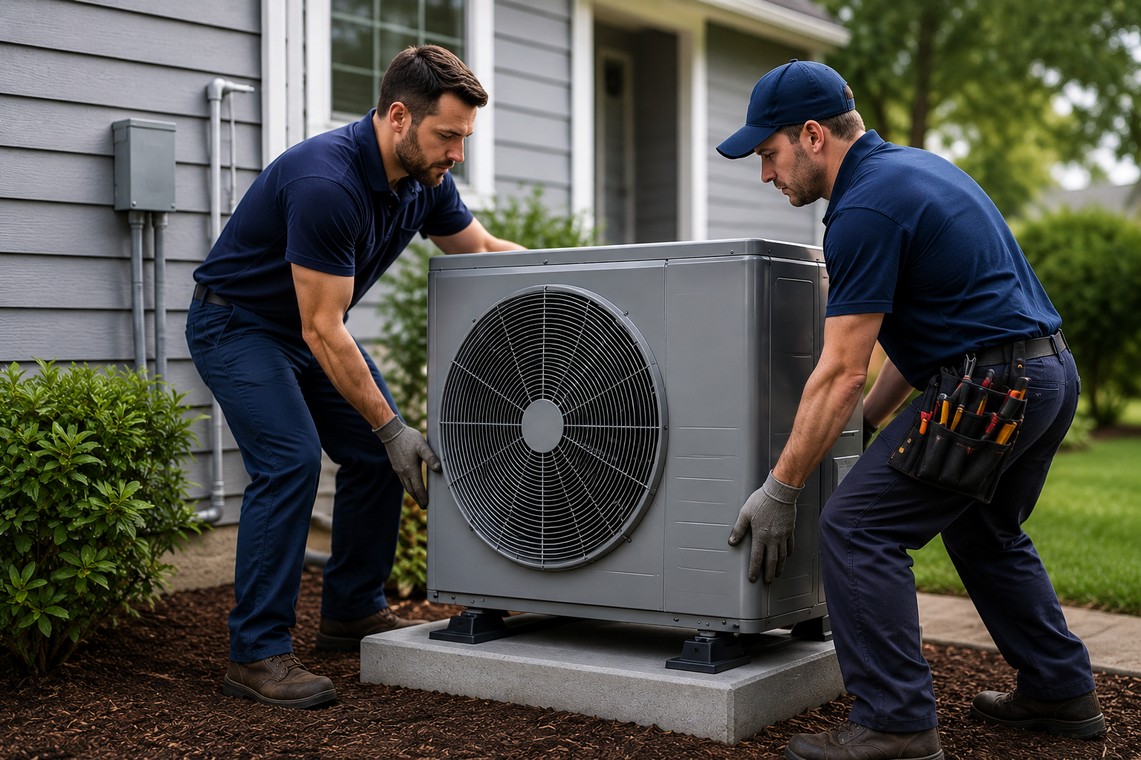 Heat pump installation in California by professional HVAC technicians.