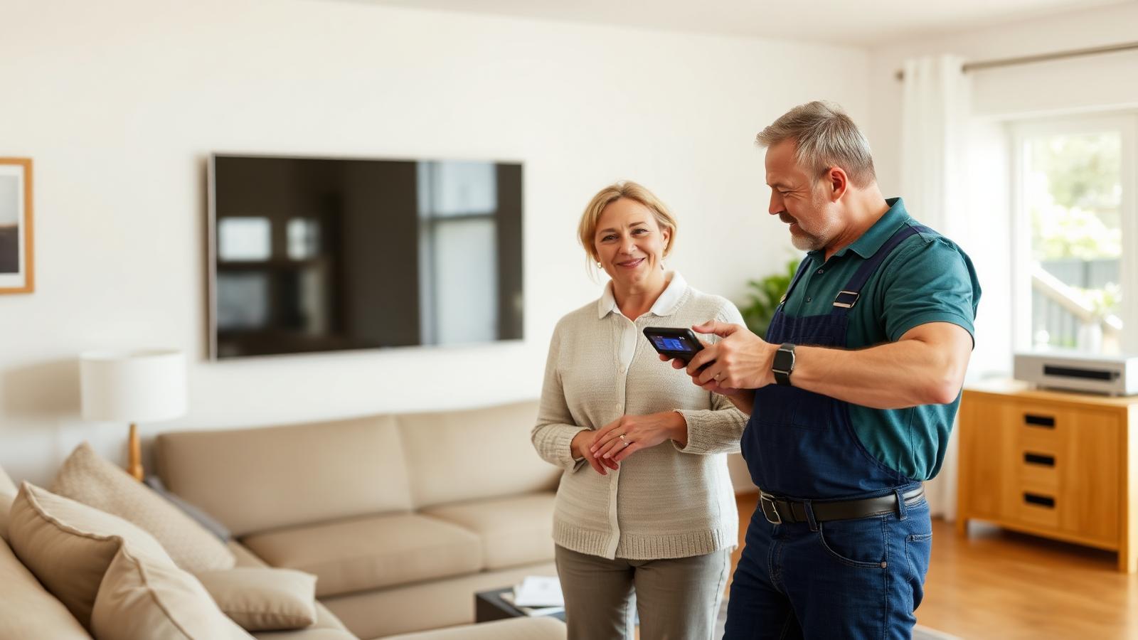 Homeowner and technician reviewing thermostat and HVAC system options in a Turlock living room