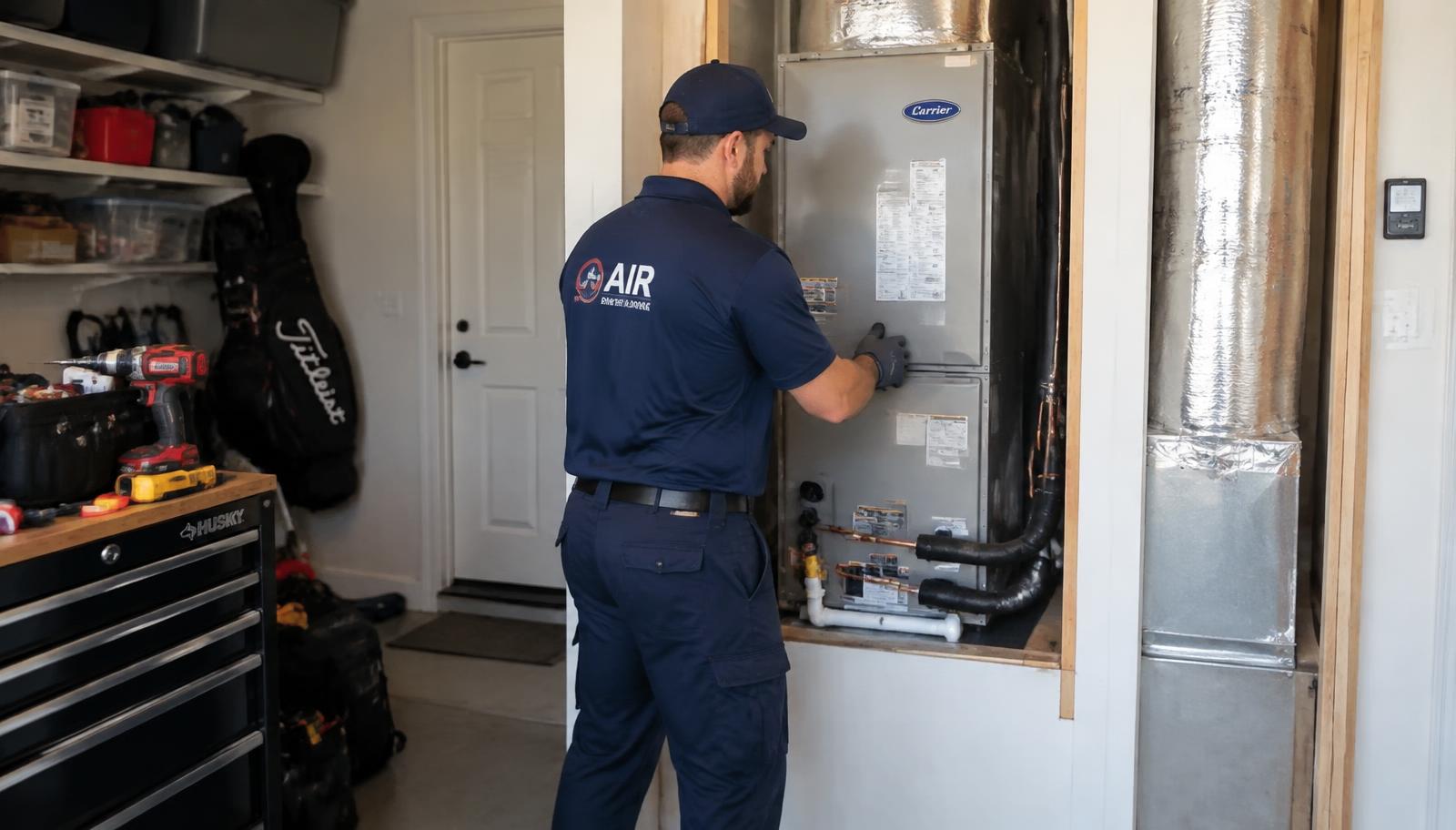HVAC technician installing an indoor heat pump air handler during a Waterford propane conversion
