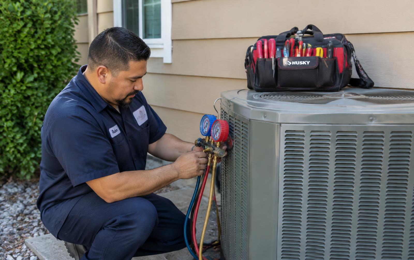 HVAC technician inspecting a residential HVAC system in California