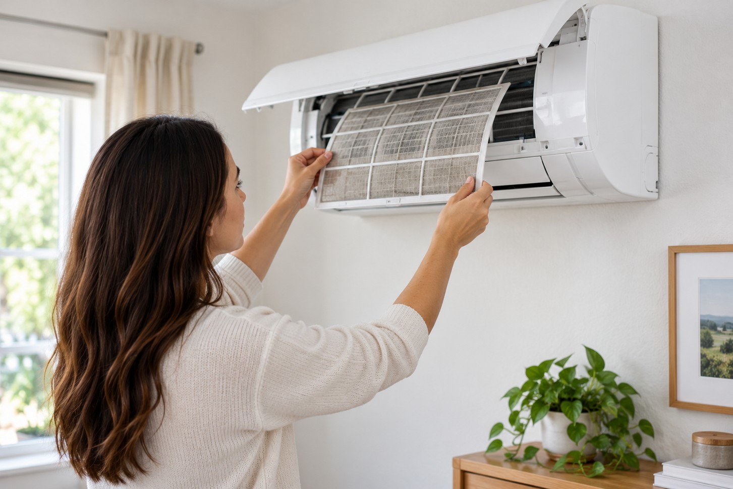 Homeowner cleaning a mini split air filter during mini split maintenance in California.