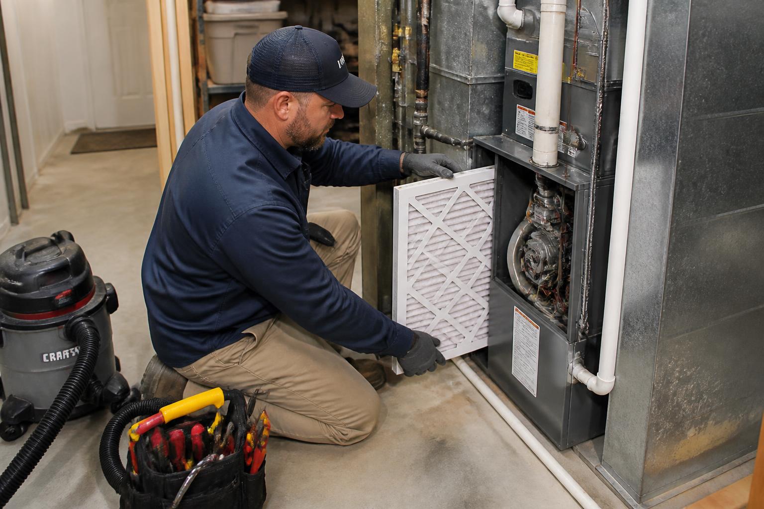 Technician replacing a pleated air filter during a furnace maintenance visit