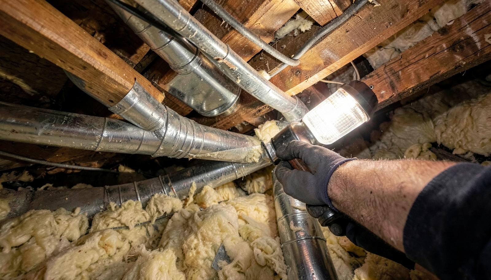 Technician sealing leaky flexible HVAC ductwork in an attic with thin blown-in insulation