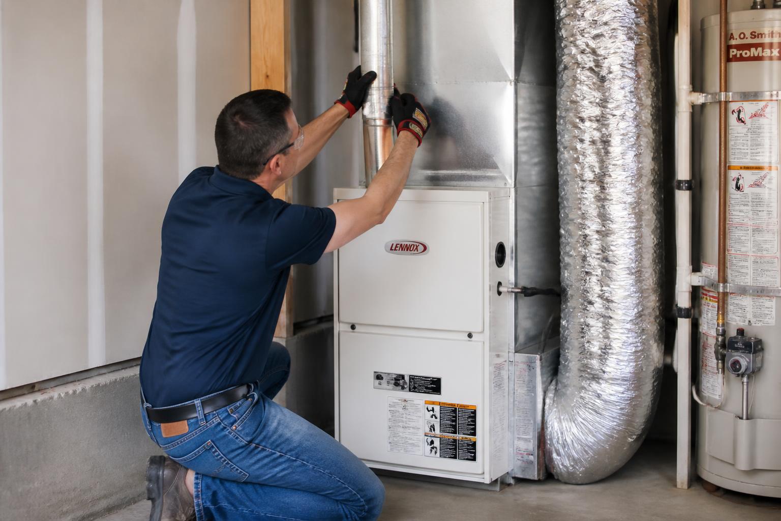 Newly installed high-efficiency gas furnace connected to ductwork in a home garage