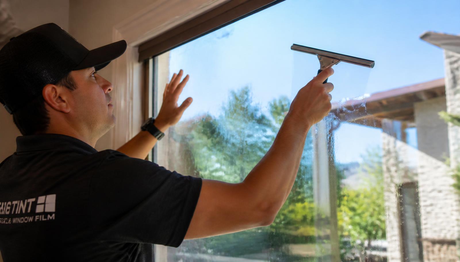 Installer applying solar control window film to a large west-facing residential window to cut solar heat gain