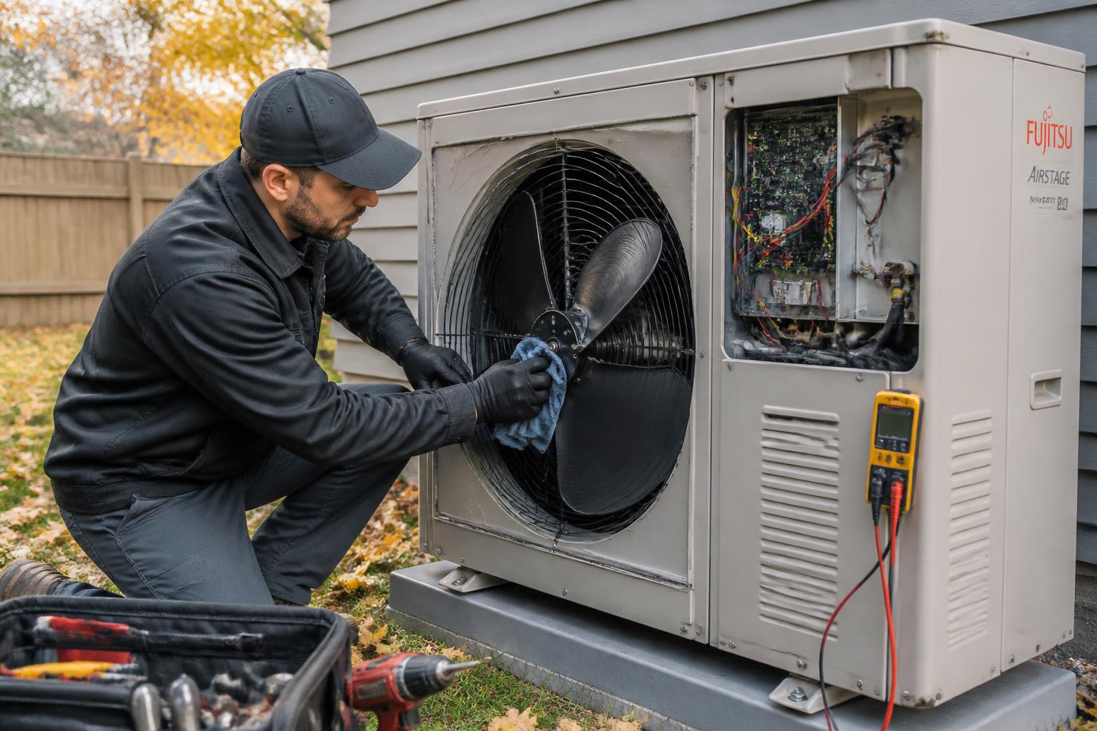 Technician cleaning the fan and checking controls during heat pump maintenance