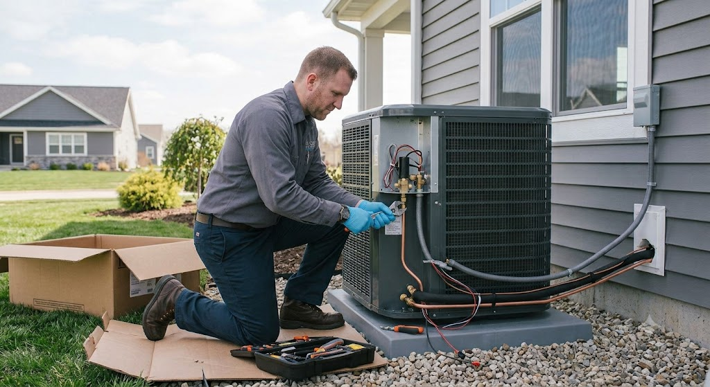Technician installing an outdoor heat pump beside a farmhouse