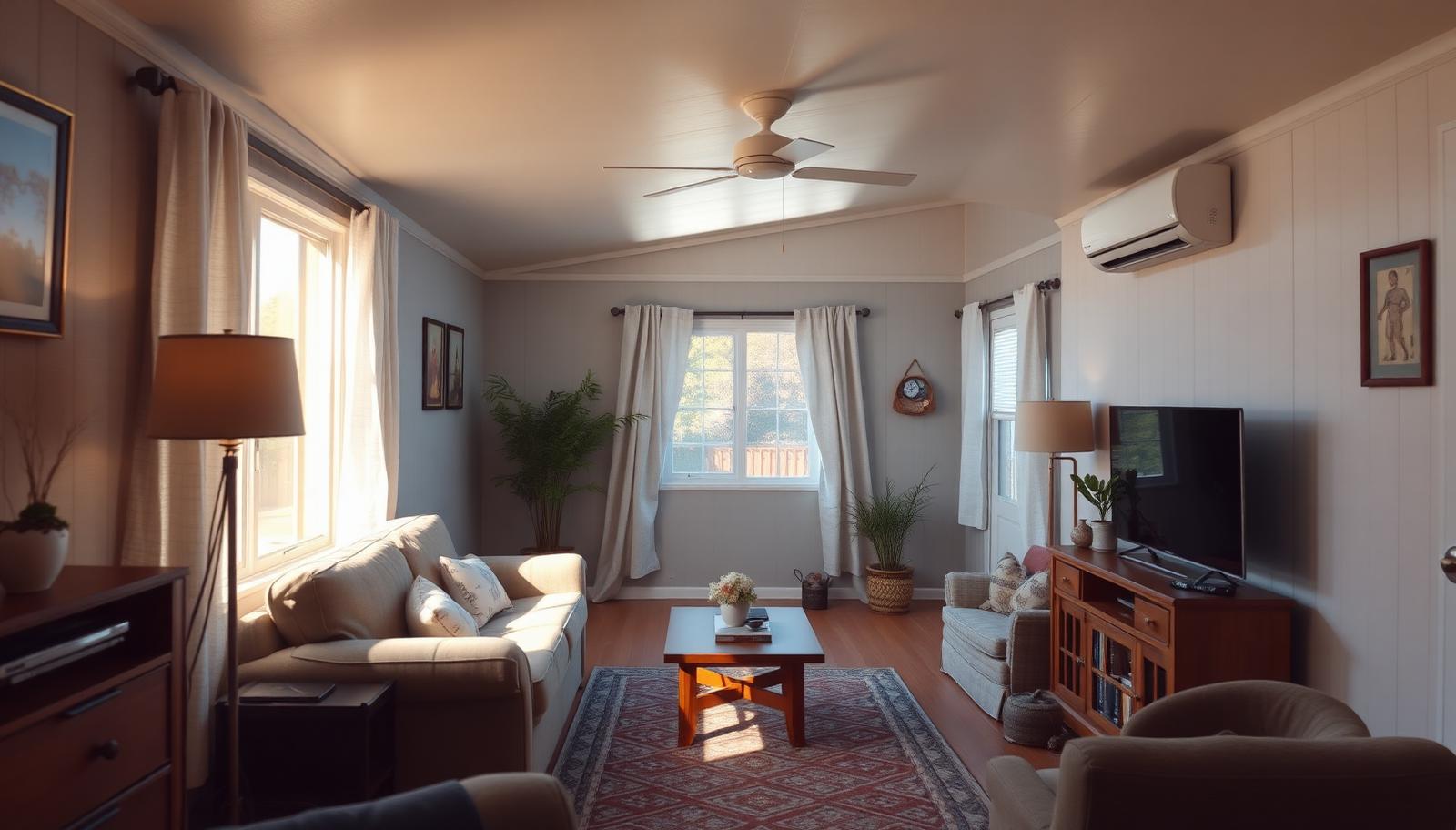 Multi-zone ductless mini-split head installed in the living room of an older manufactured home in Keyes, CA
