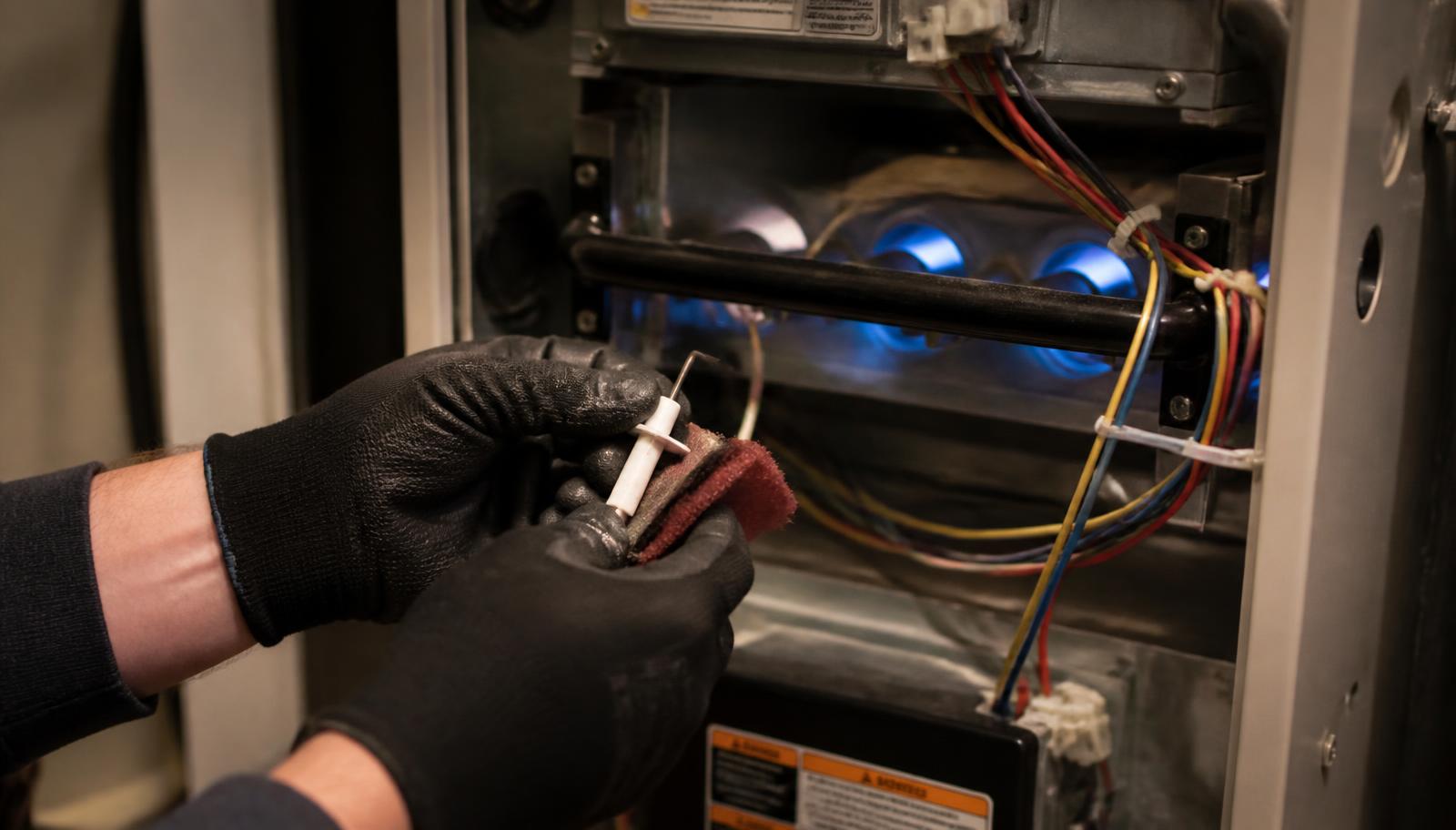 HVAC technician cleaning a dirty flame sensor inside a residential gas furnace in Hughson, CA