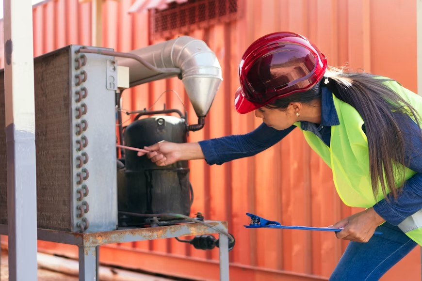 Los Banos HVAC technician servicing outdoor air conditioner in Central Valley heat