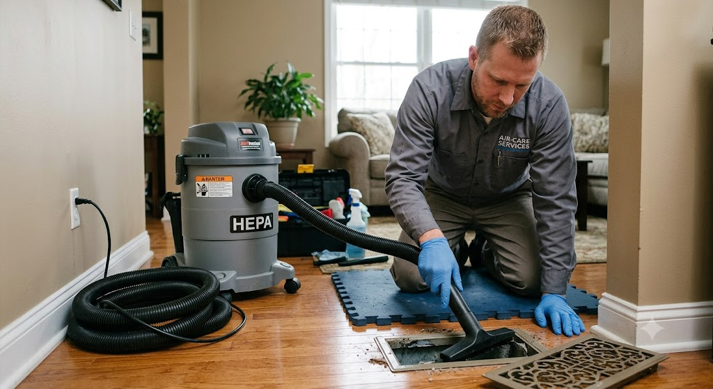 Technician using a HEPA vacuum hose at a floor register