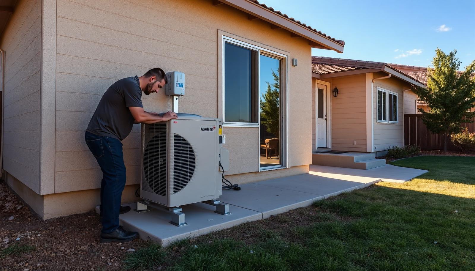 HVAC technician installing an outdoor mini-split condenser beside a detached ADU in Keyes, California