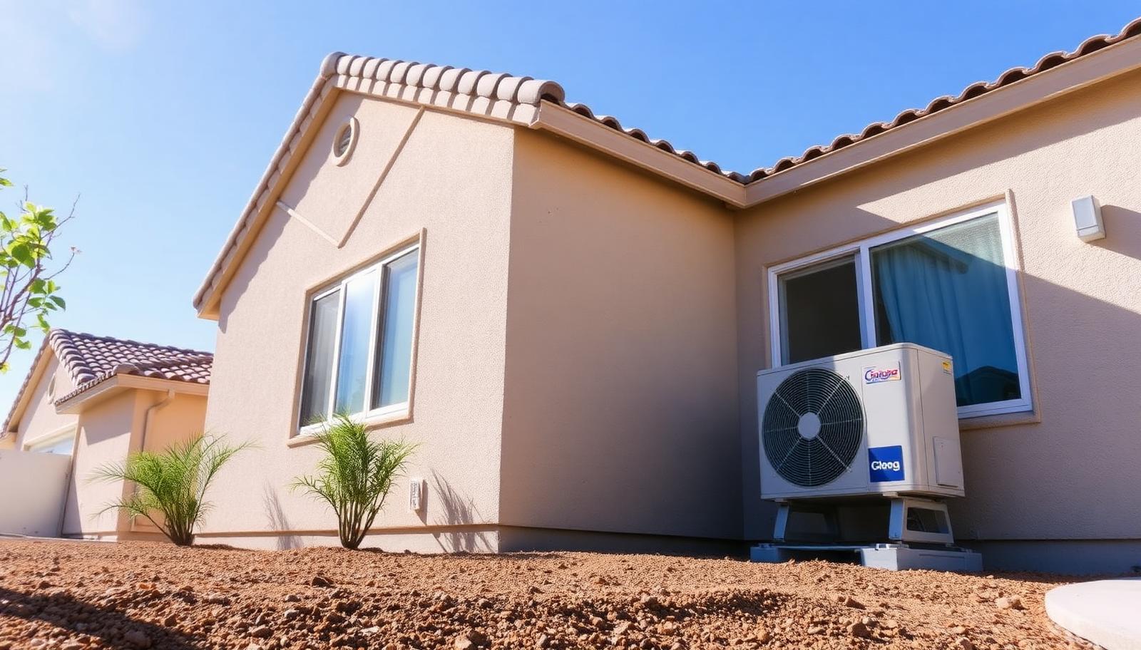 Modern high-efficiency heat pump installed beside a shadeless new-construction Ceres home