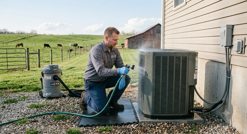 Technician rinsing an outdoor condenser at a rural home with pasture in the background