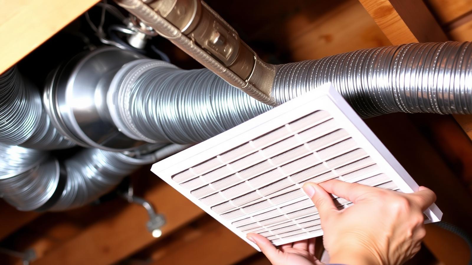 Home ductwork and a clean pleated air filter inspected during HVAC maintenance