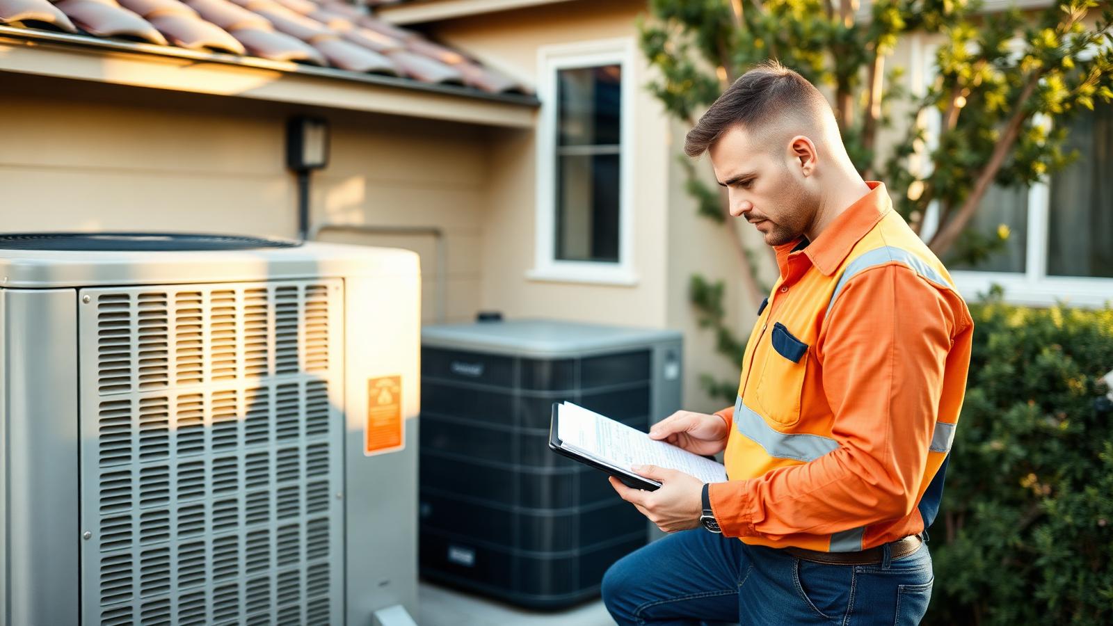 HVAC technician reviewing a system quote beside an outdoor AC unit at a Turlock, CA home
