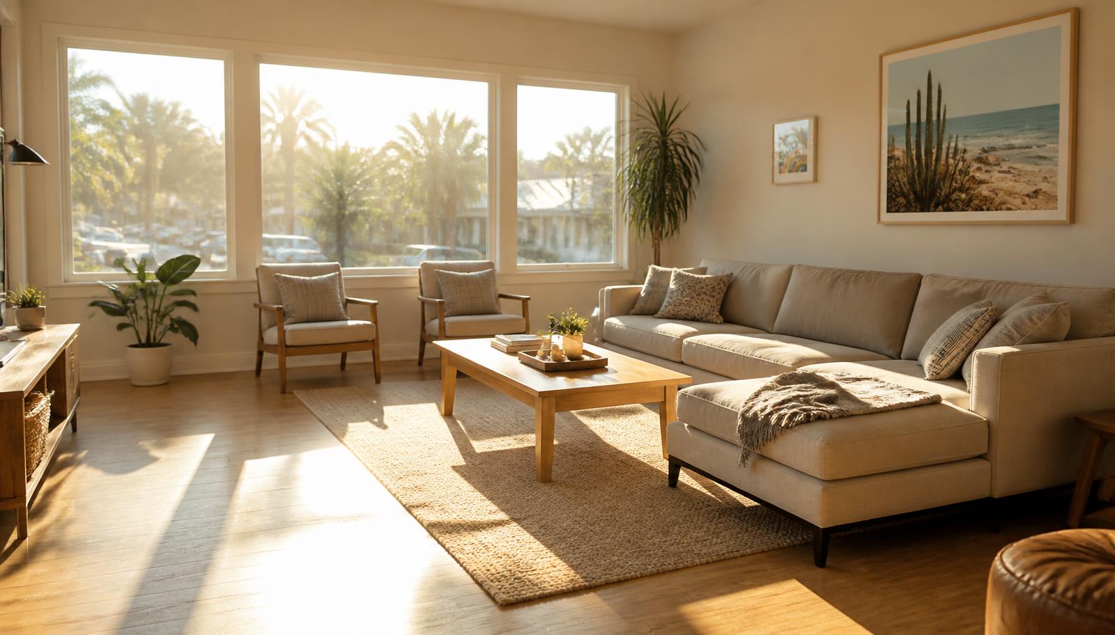 Sunlit south-facing living room in an Oakdale, CA home with strong afternoon sun streaming through large windows