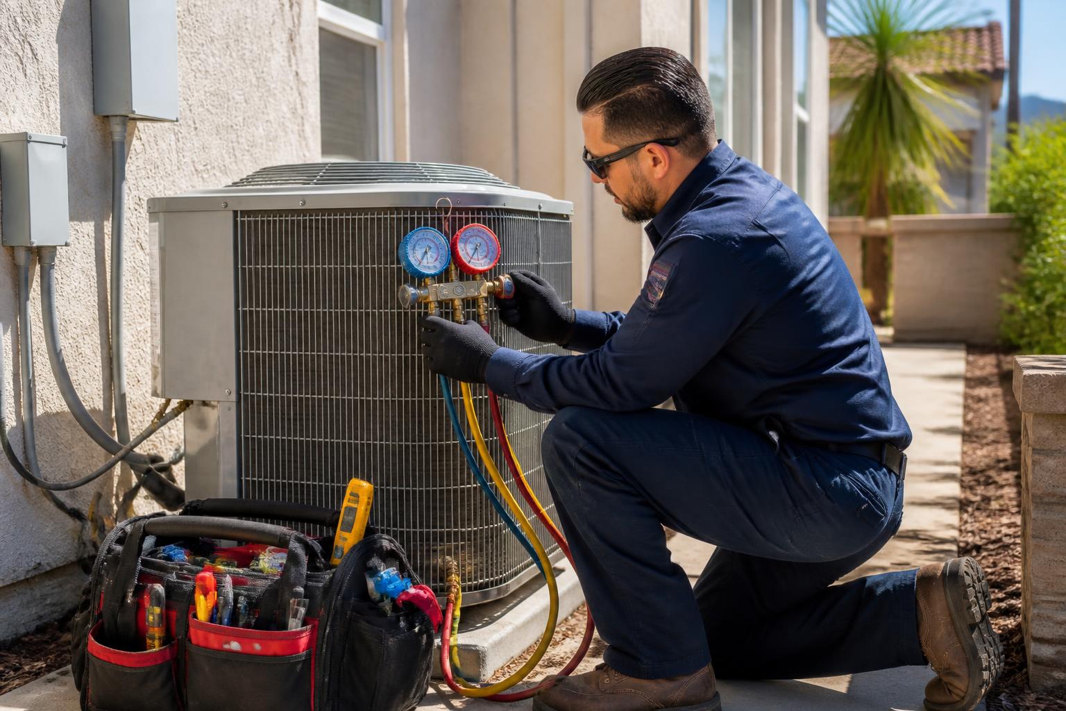 HVAC technician repairing an outdoor air conditioning condenser unit at a California home