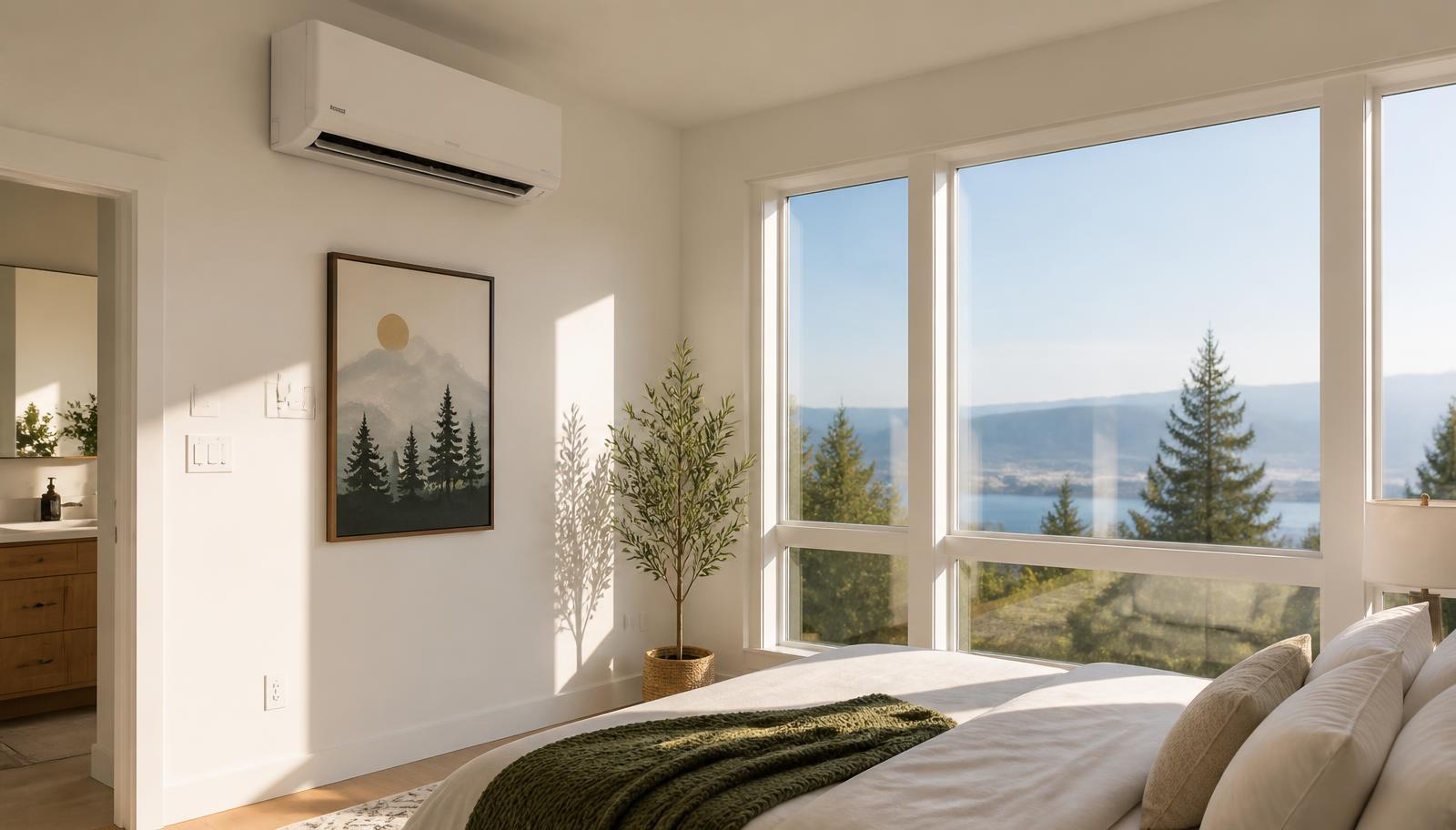 Ductless mini-split air handler mounted in a bright bedroom with large west-facing windows for supplemental cooling