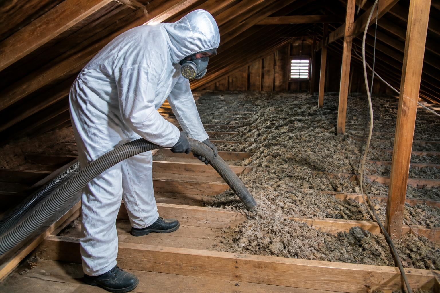 Worker in protective suit vacuuming out old attic insulation with a removal hose