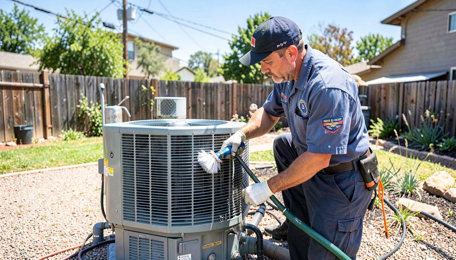 Evolution Heating and Cooling technician cleaning a dirty outdoor condenser coil during an air conditioning tune-up