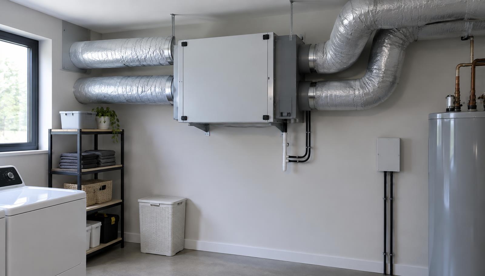 Energy recovery ventilator (ERV) with insulated ductwork installed in a sealed modern home