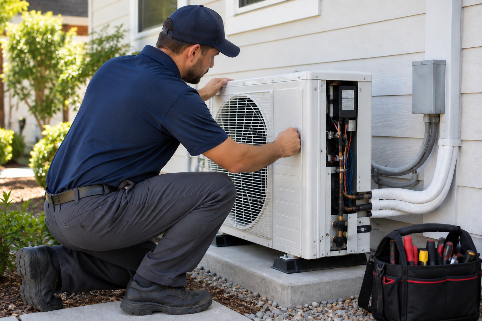 HVAC technician inspecting an outdoor mini split unit during mini split service in California.