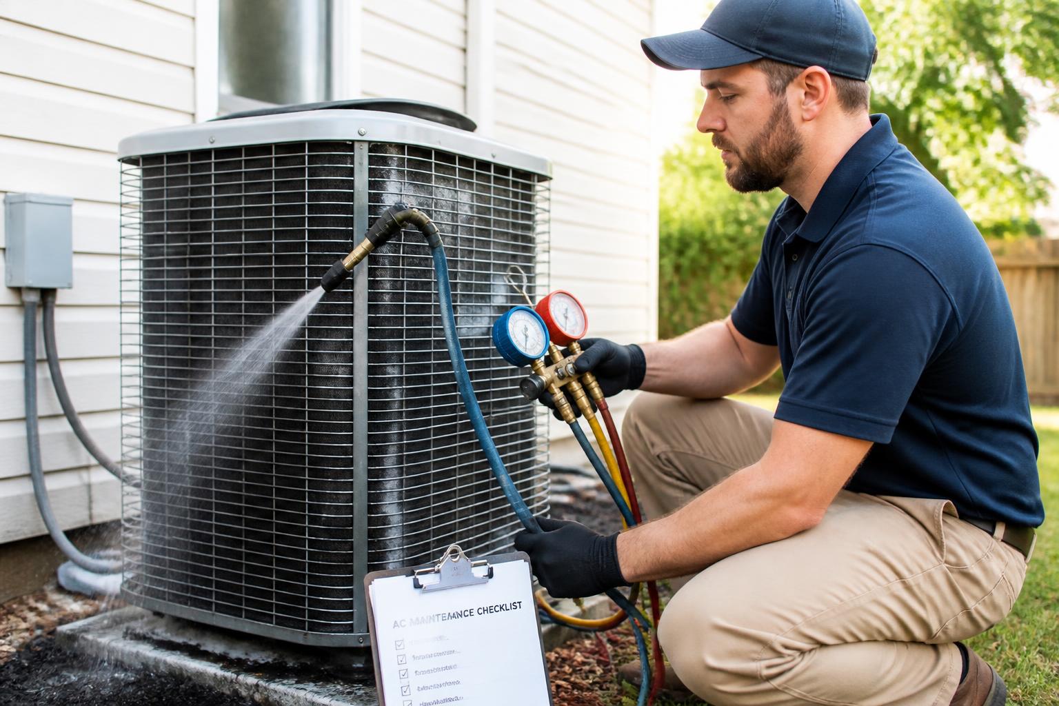 Technician cleaning condenser coils and checking refrigerant during an air conditioning maintenance tune-up