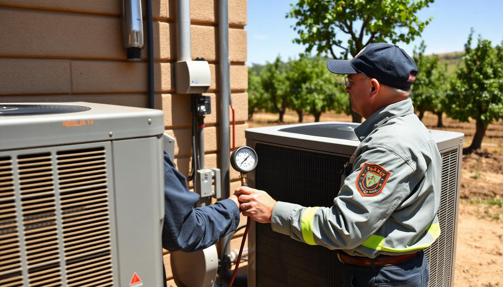 Professional inspection of outdoor HVAC equipment at a rural Denair property near orchards