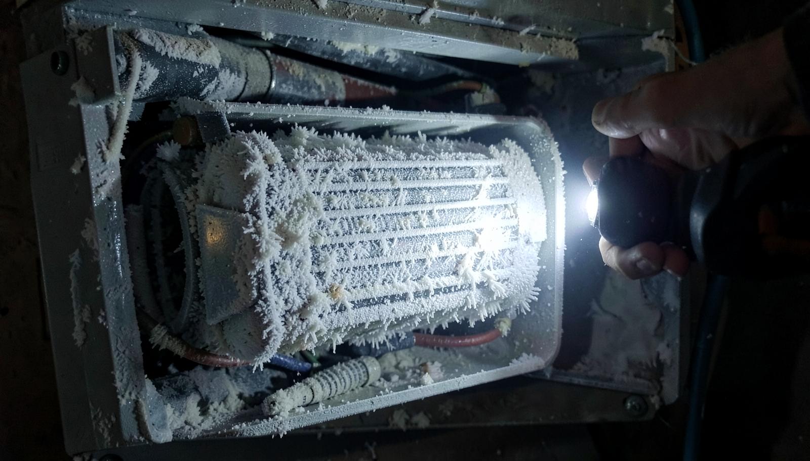Ice buildup on an indoor evaporator coil, a common warning sign that an air conditioner needs repair