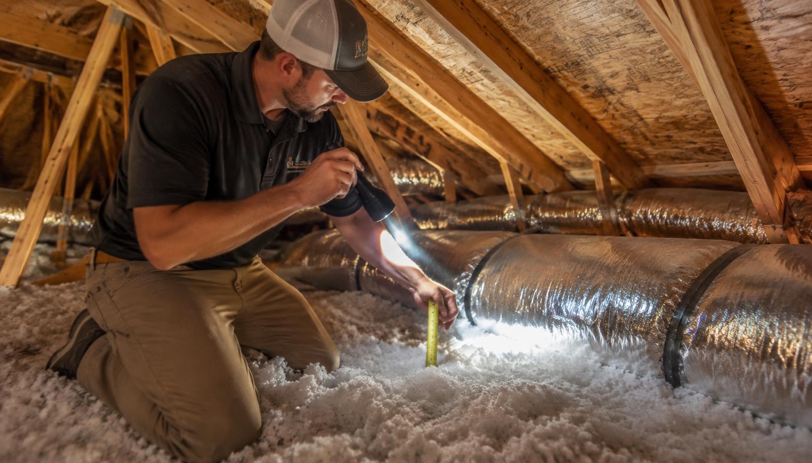Technician measuring attic insulation depth next to insulated ductwork before preparing an HVAC quote