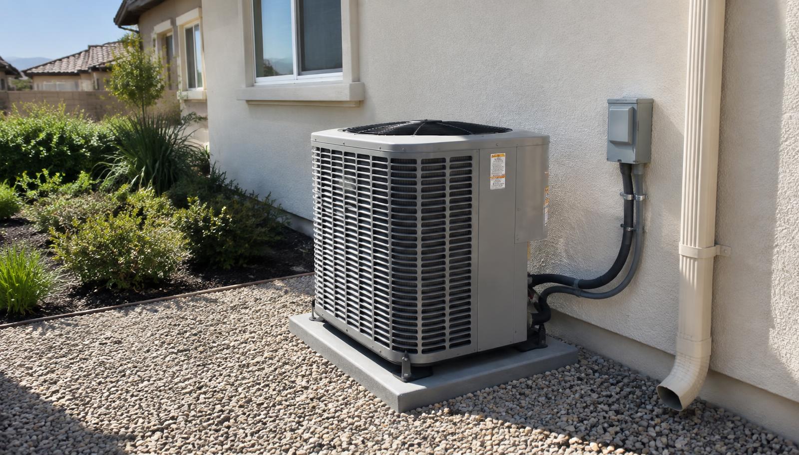 Newly installed outdoor HVAC condenser unit beside a stucco home in Riverbank, California