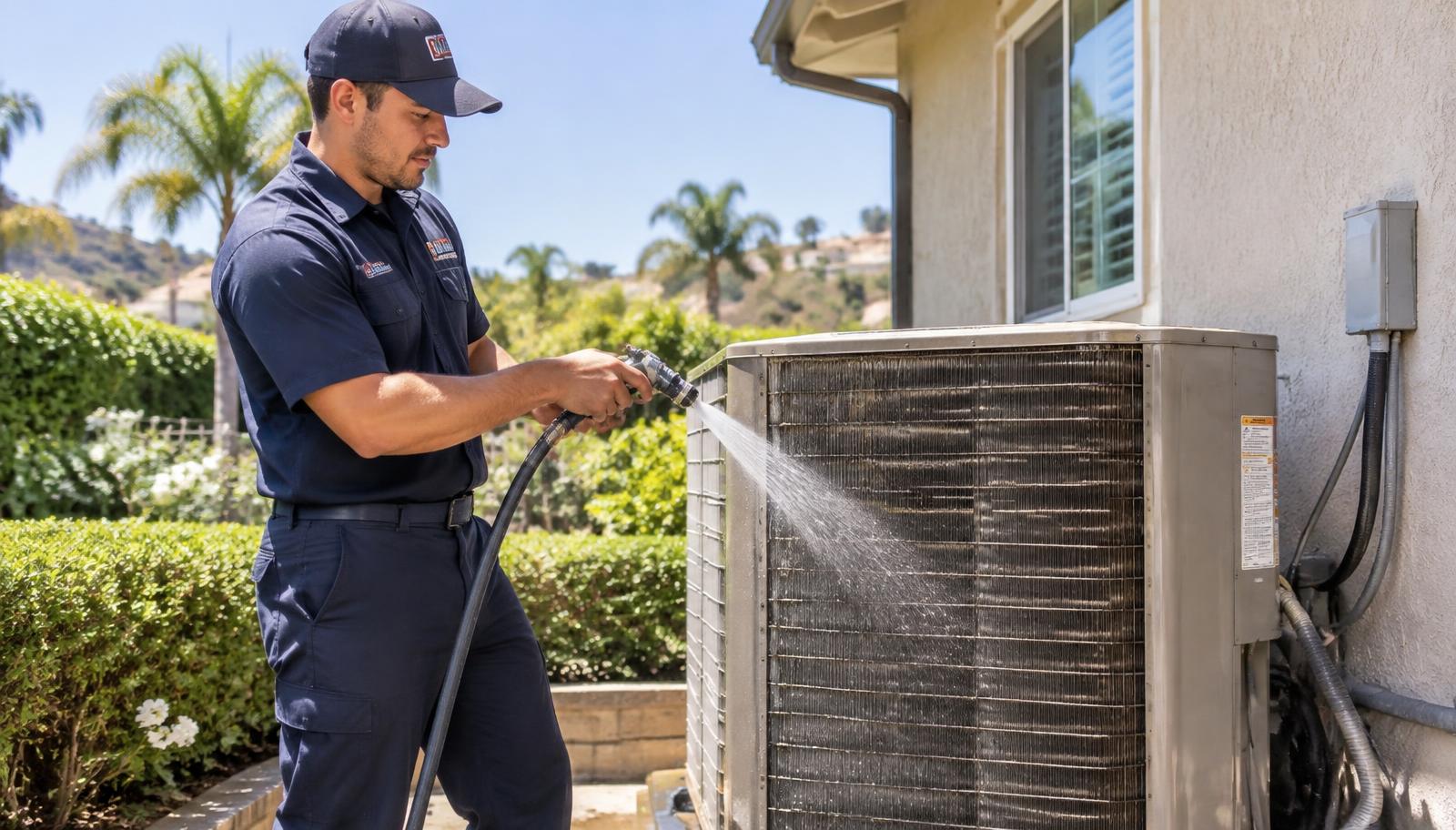 HVAC technician rinsing a dusty condenser coil during a spring AC tune-up in Salida, CA